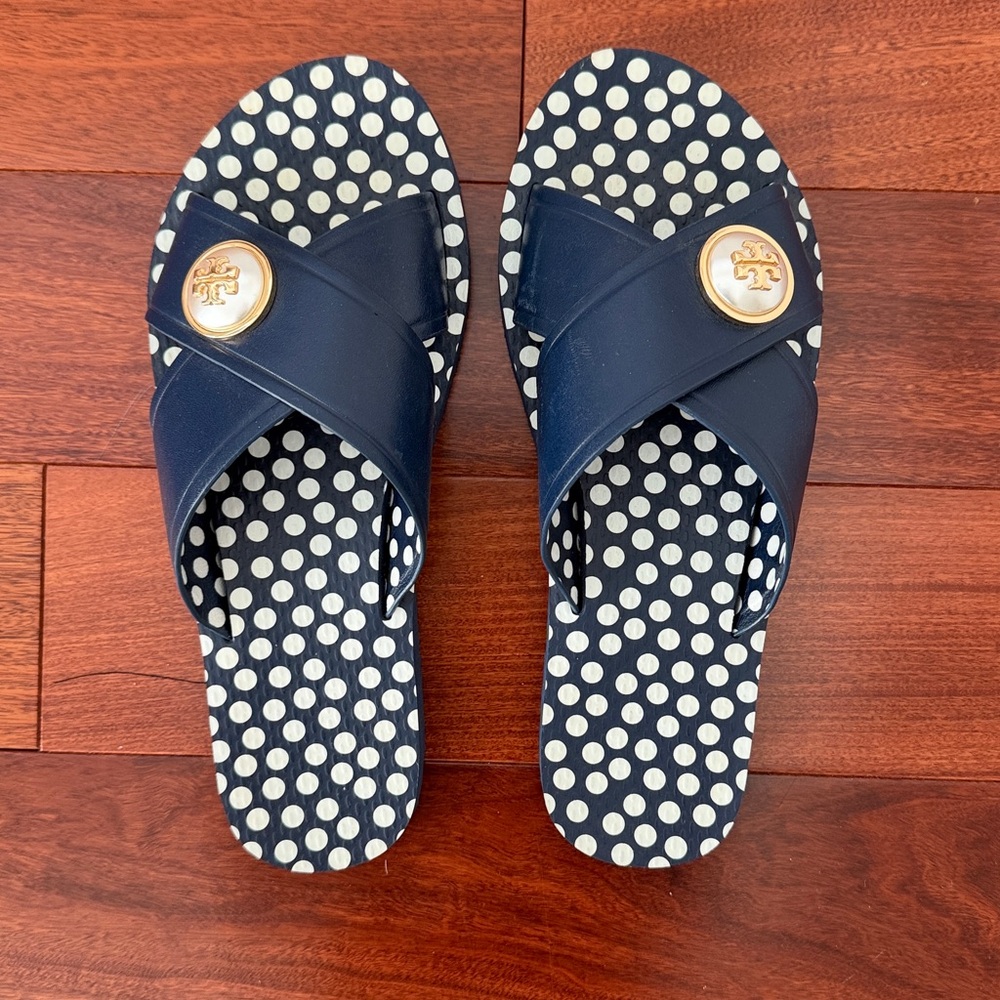 Navy Polka Dot Slide Sandals Tory Burch